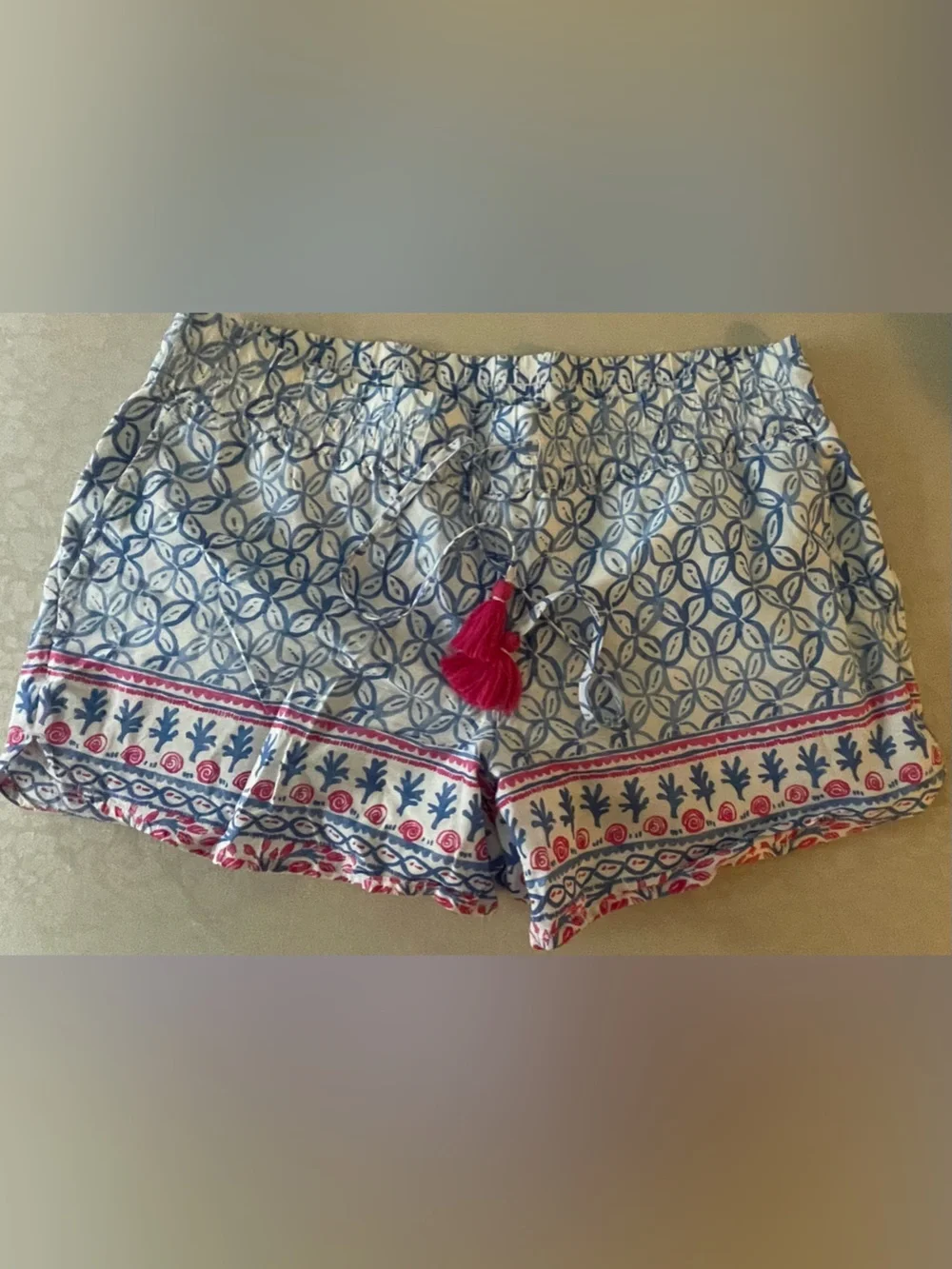 Vineyard Vines Blue Printed High Waist Shorts with Pink Tassels